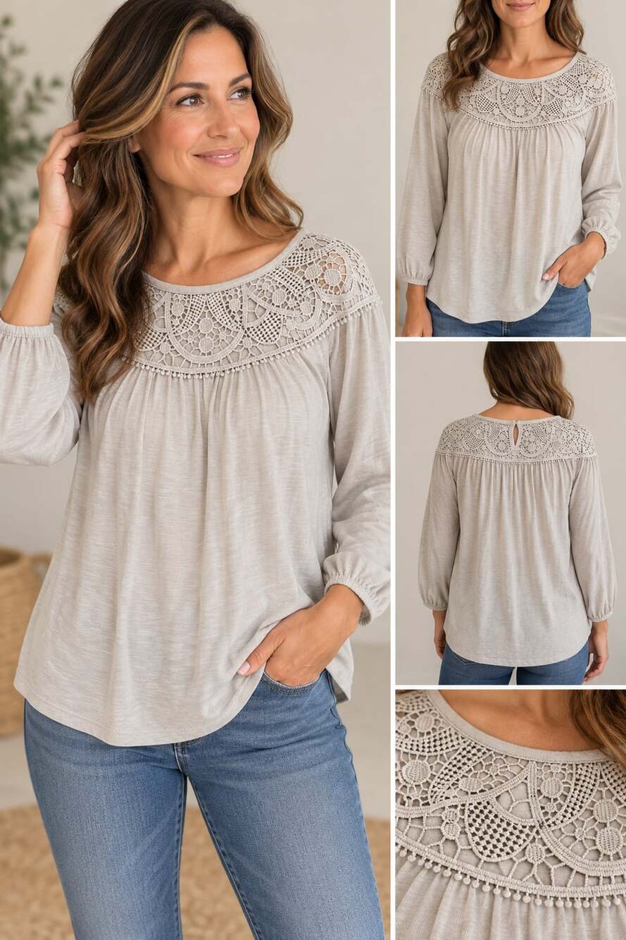 J.Jill Gray 3/4 Sleeve Crochet Lace Yoke Peasant Blouse